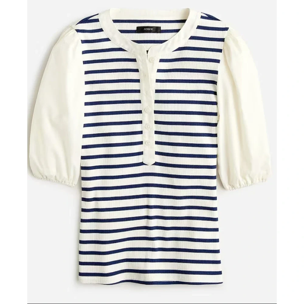 J.CREW Vintage Rib Henley Top Ivory Blue Puff Short Sleeve Button Stretch M NEW